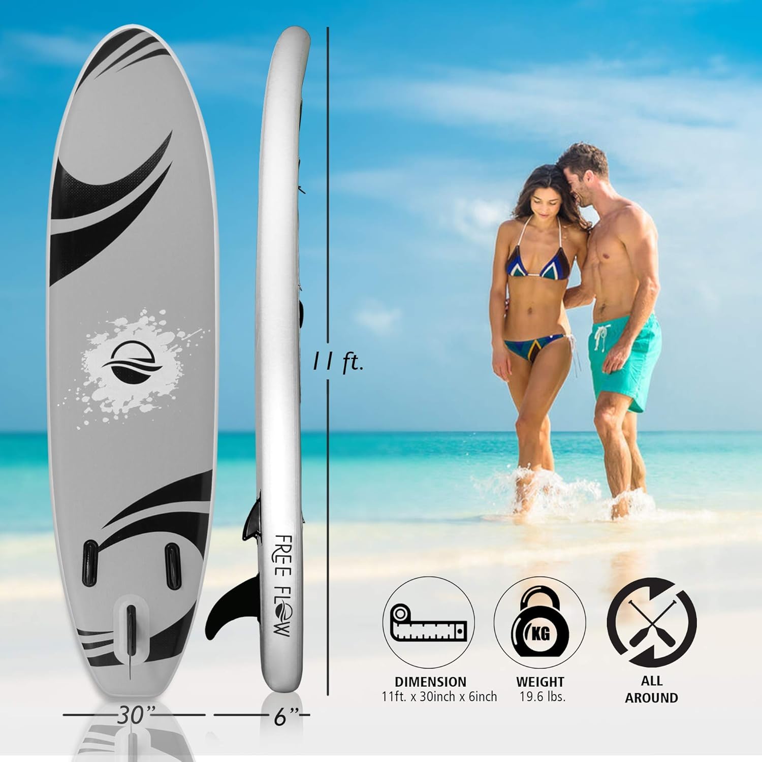 SereneLife Tabla de remo inflable (6 pulgadas de grosor) con accesorios de SUP premium y bolsa de transporte  Posición amplia, aleta inferior para