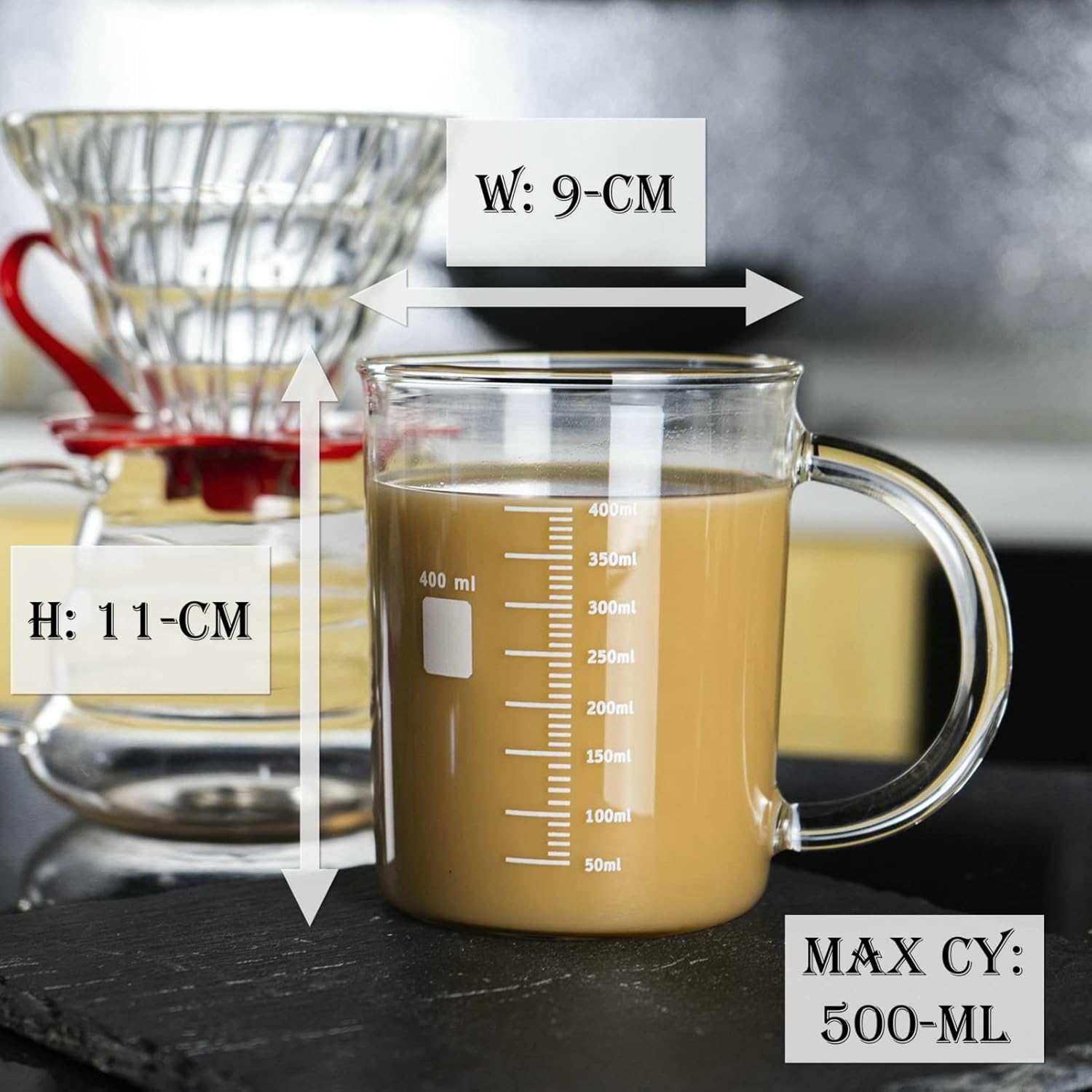 Taza de vaso de cafeína, taza de cafeína de borosilicato antigoteo de 16 onzas, tazas de café frescas con asa, taza de química, medición para café,