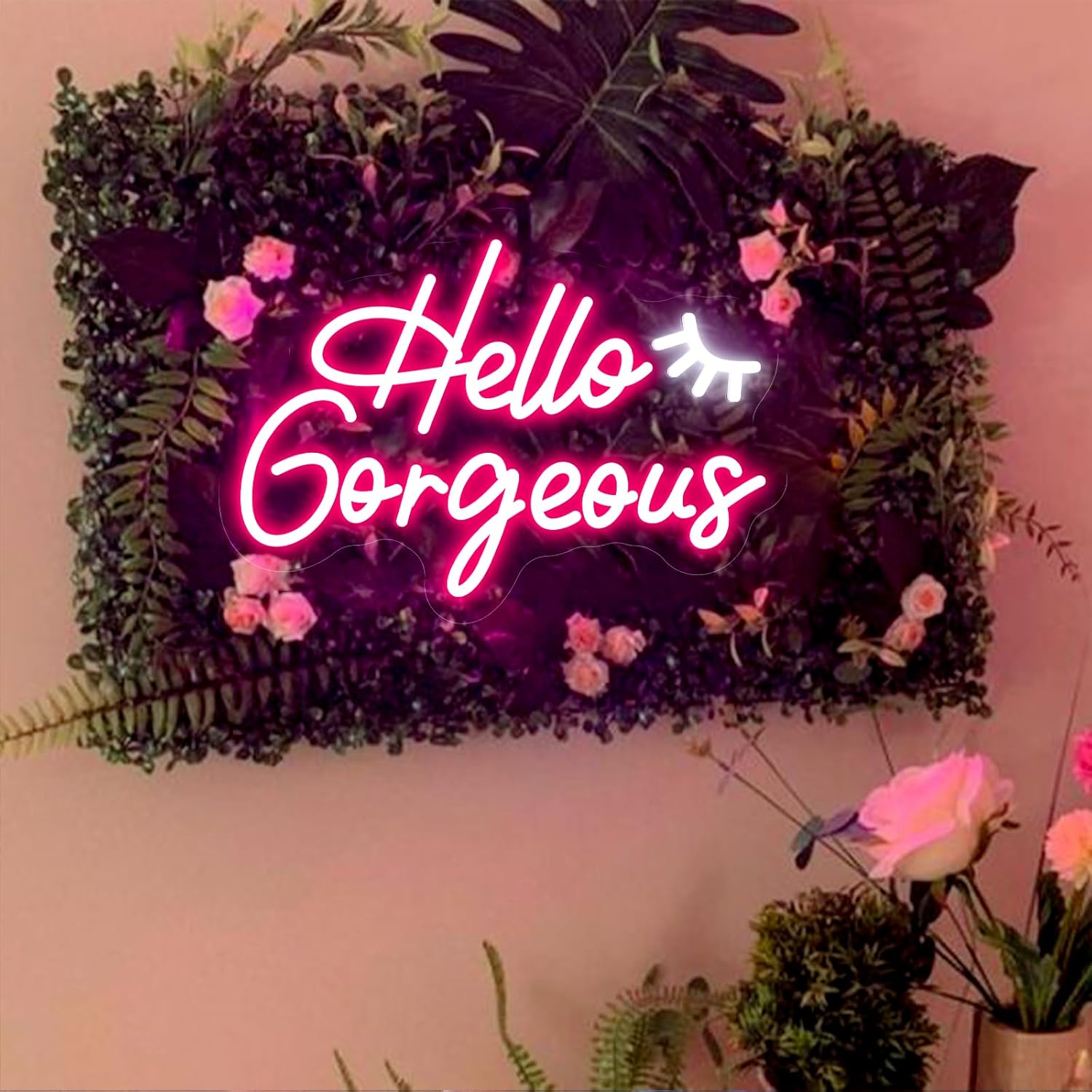 Brochao Letrero de neón LED con texto en inglés “Hello Gorgeous Neon”, para pared, color rosa, para fiesta de cumpleaños, boda, compromiso,