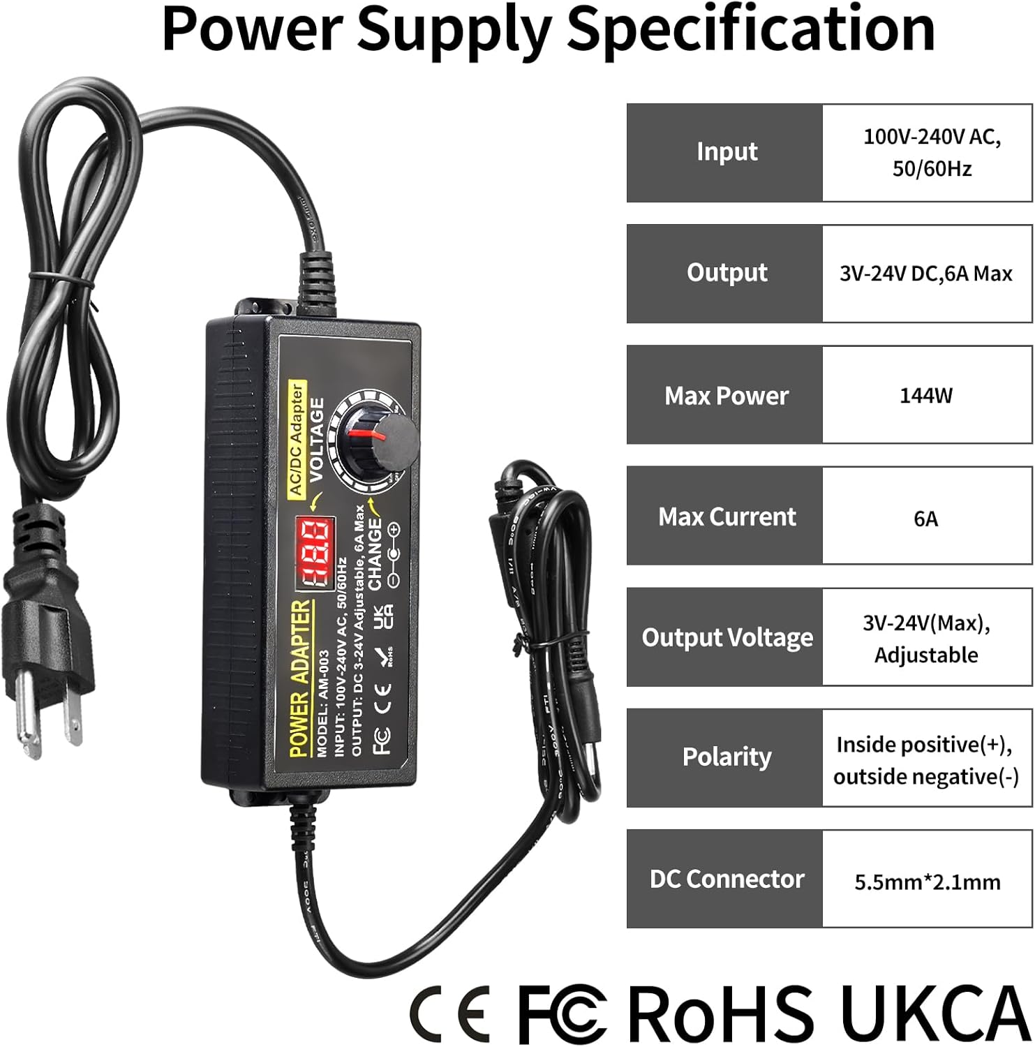 Adaptador de fuente de alimentación ajustable de 144 W 3 V  24 V 6 A Adaptador de corriente de conmutación variable universal 100V-240V AC a DC