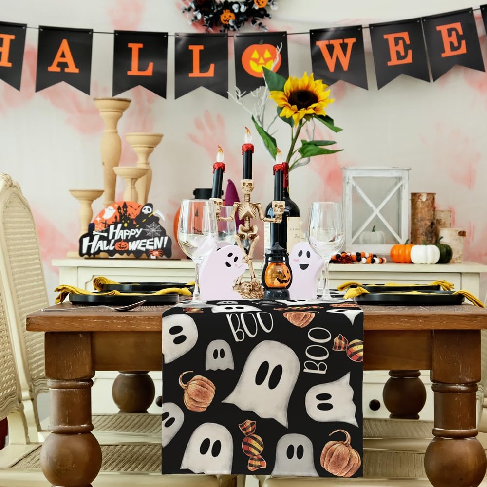 ARKENY Camino de mesa de Halloween de 13 x 120 pulgadas, calabaza espeluznante fantasma Candy Boo, arpillera de temporada para interiores, cocina,
