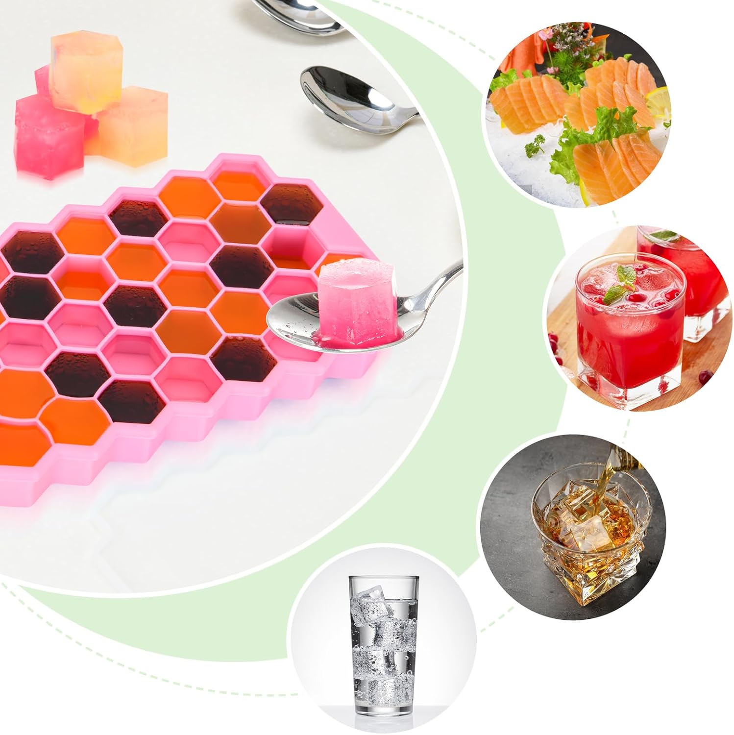 Bandeja para cubitos de hielo mejorada, paquete de 2 bandejas flexibles de silicona para cubitos de hielo, cubitos de hielo reutilizables de fácil