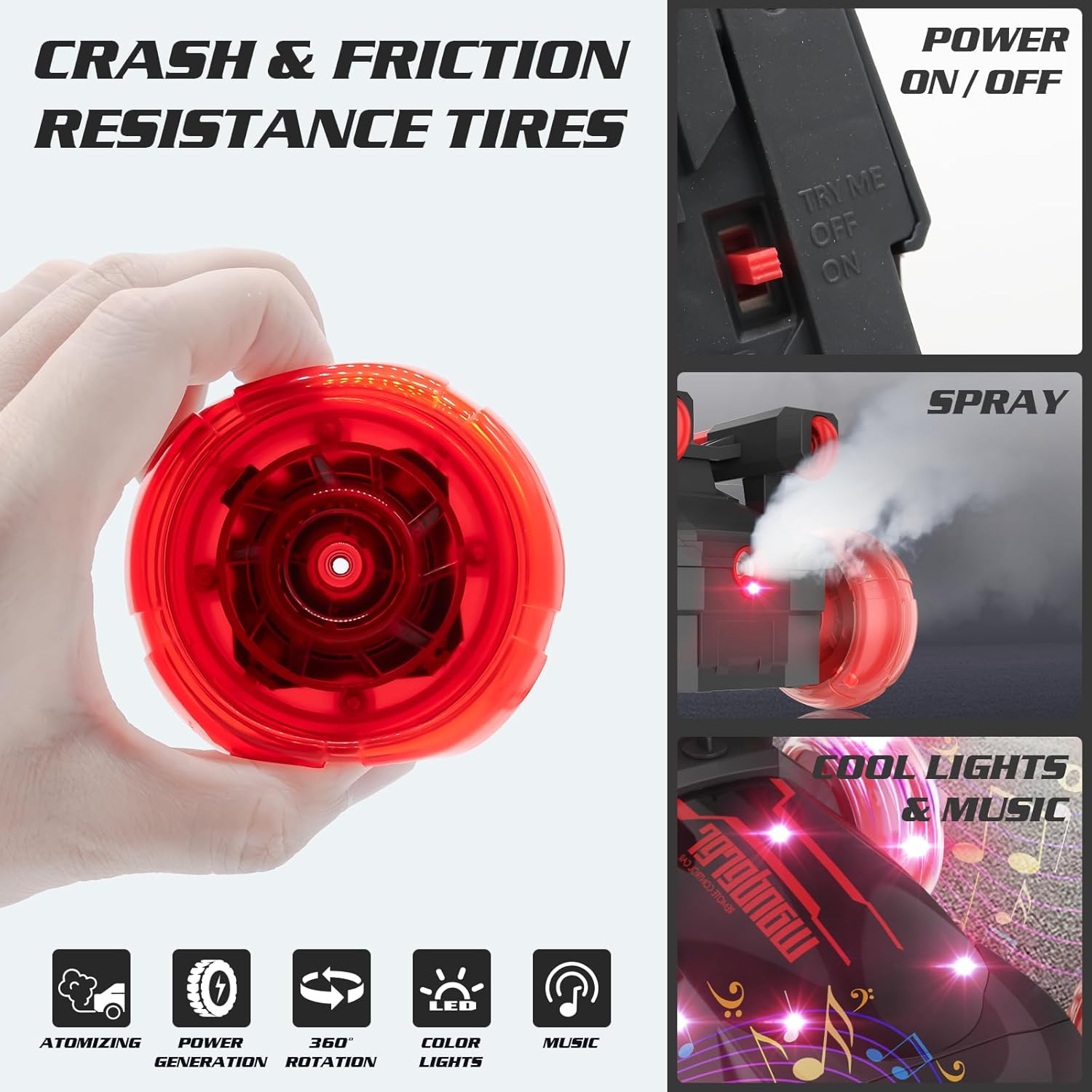 STAVOZE Último modelo Auto de control remoto, autos RC con neumáticos electromagnéticos iluminados, auto de acrobacias RC giratorio de 360 con