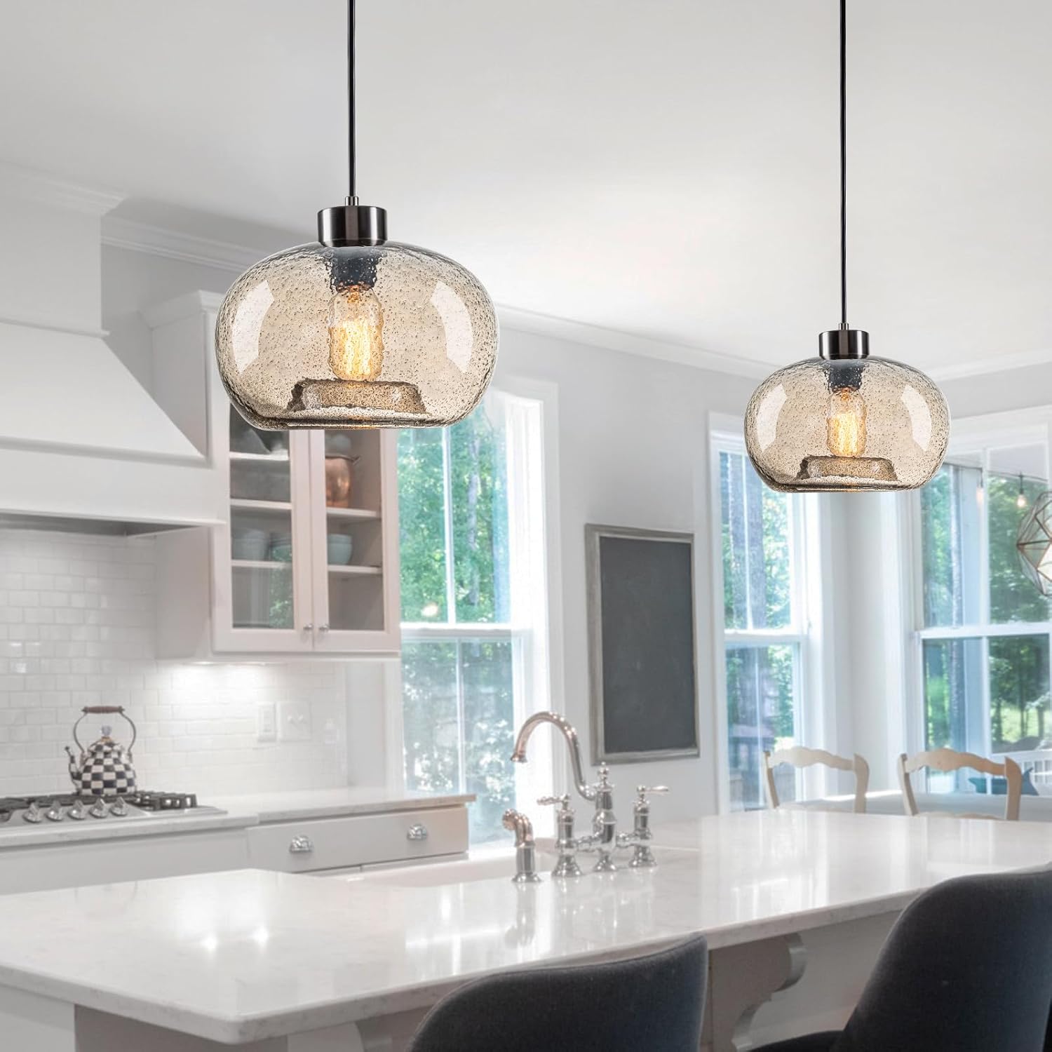 HASUN Paquete de 2 luces colgantes de cristal, 9.2 pulgadas de cocina, luces colgantes sobre la isla, calabaza moderna de mármol ámbar colgante de