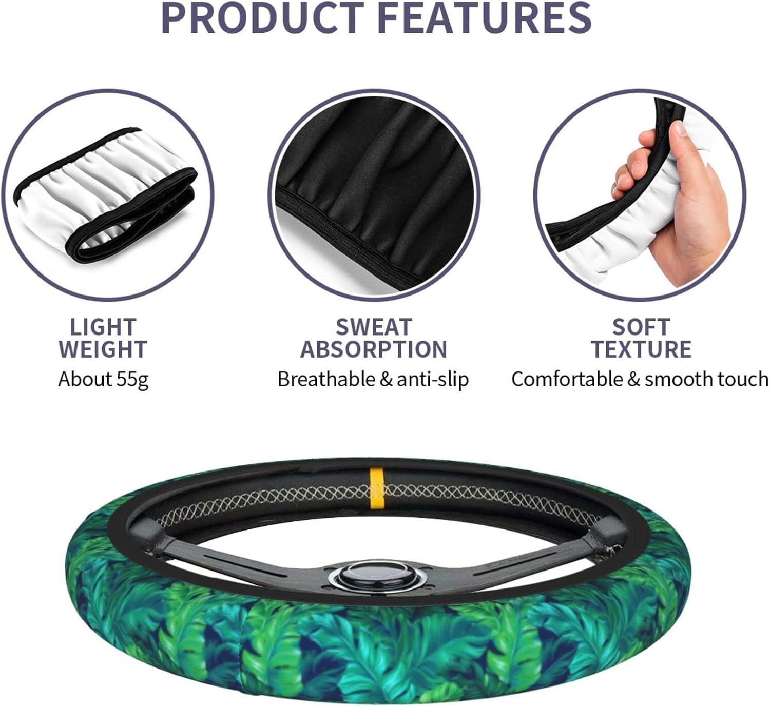 Funda de volante de verano con hojas hawaianas tropicales, diseño de hojas turquesas, accesorios de automóvil, lindos accesorios para mujeres y