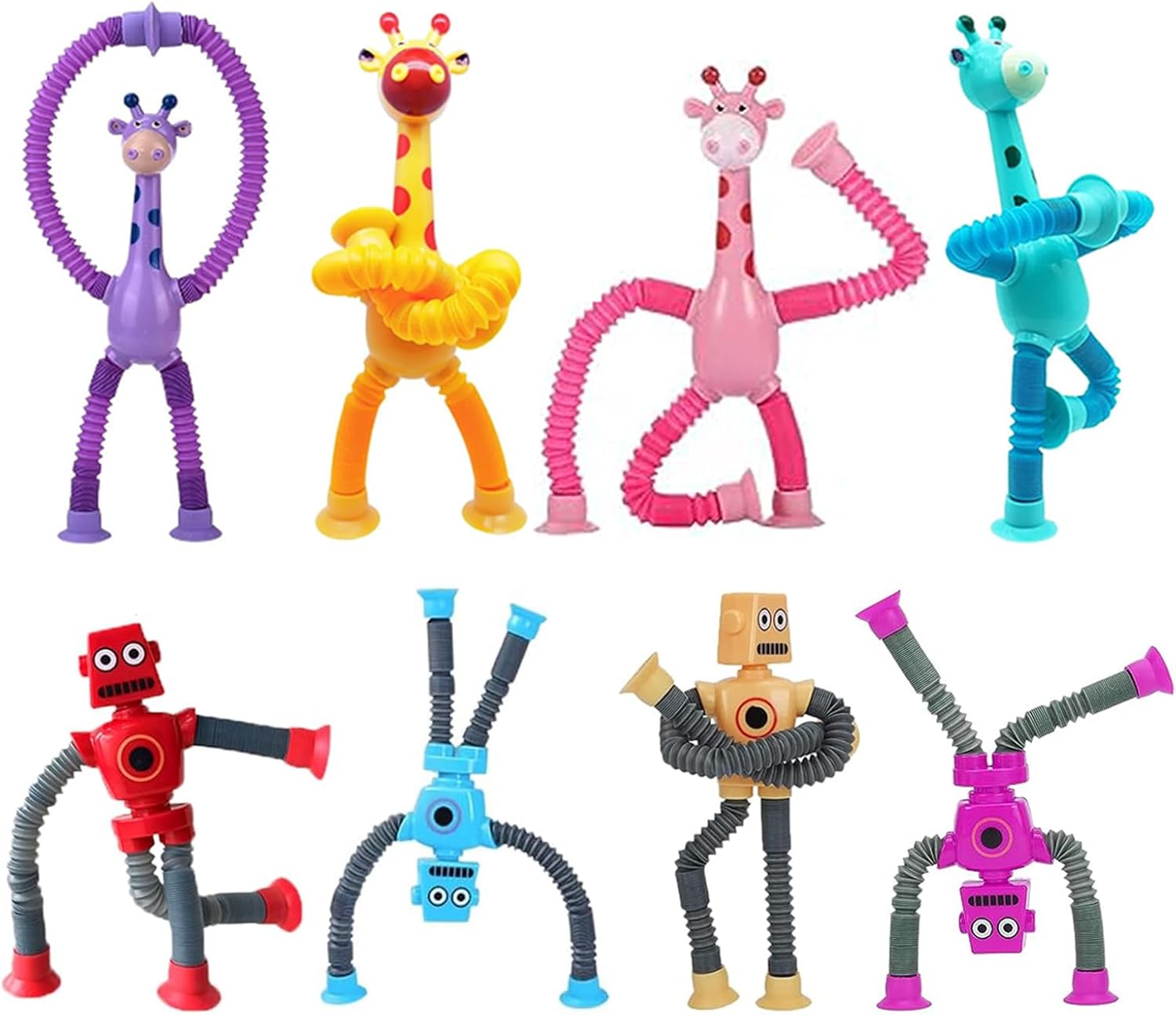 Paquete de 8 juguetes telescópicos de jirafa robot con ventosa, tubos sensoriales para niños pequeños, juguetes antiestrés para niños con ansiedad