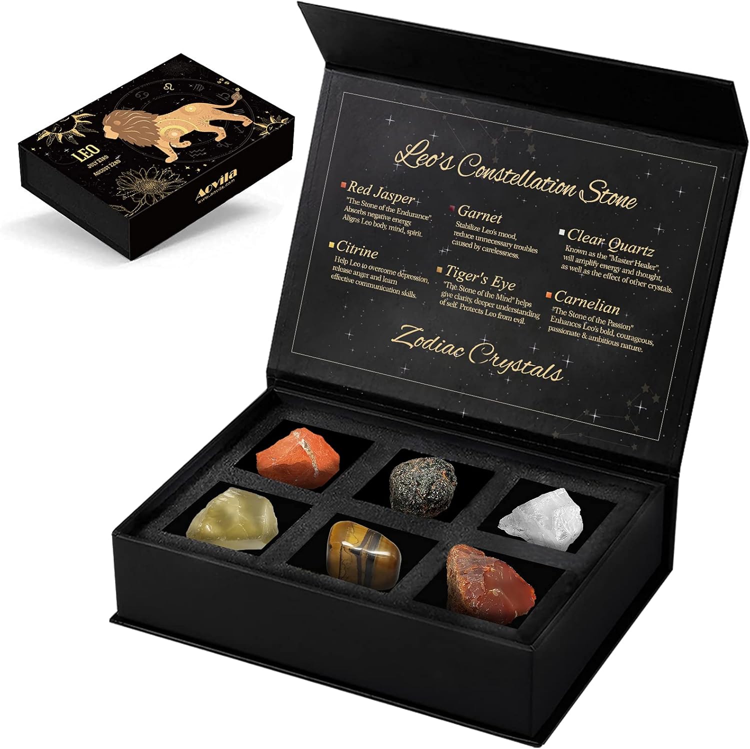 Leo Crystals – Juego de regalo de cristales curativos de signos del zodiaco, piedras de nacimiento con horóscopo, juego de caja de cristales de