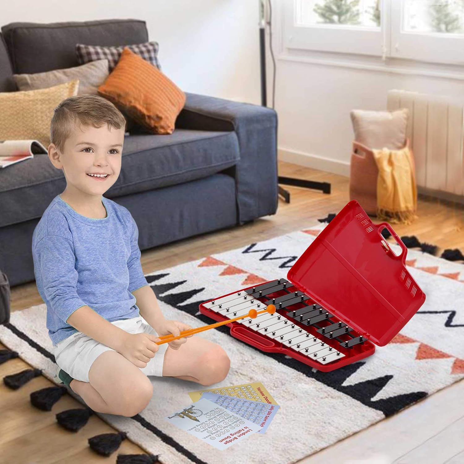 Xylophone 25 Note Chromatic Glockenspiel en una caja de plástico roja – Juegos de tarjetas con 23 canciones codificadas por letras