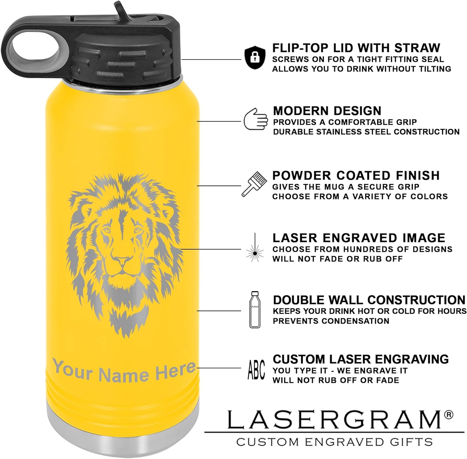 LaserGram Botella de agua de doble pared abatible de 40 onzas con pajita, piña, grabado personalizado incluido (amarillo)
