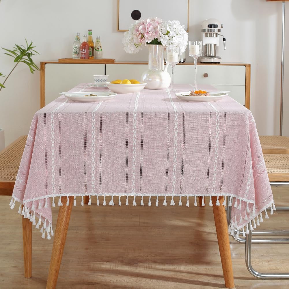 meioro Manteles con borlas y costuras, mantel de lino de algodón a rayas, mantel de tela texturizada, fundas resistentes a las arrugas para cocina y
