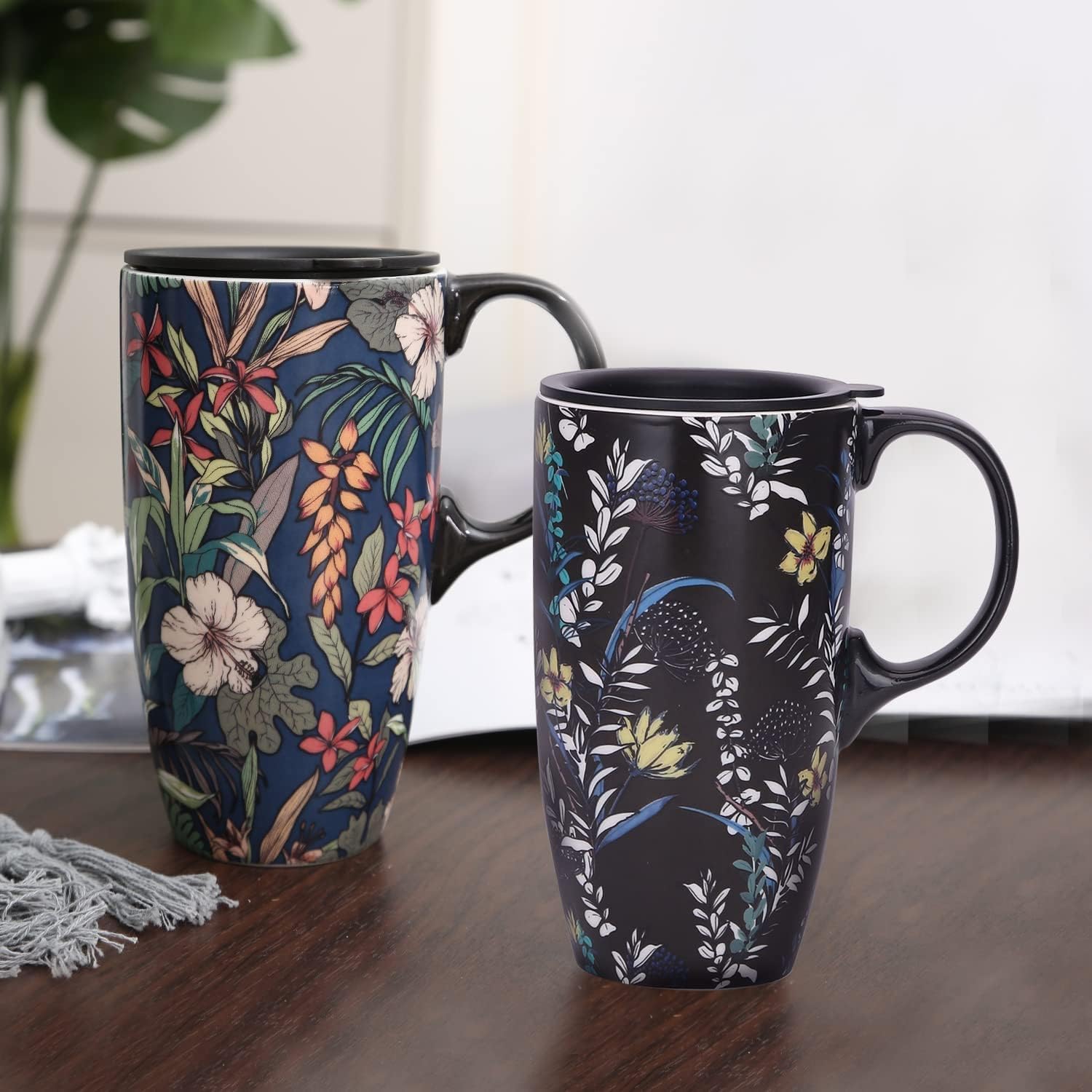 TZSSP Taza de cerámica para café, taza de té de porcelana con tapa, 17 onzas, 2 unidades, azul y negro