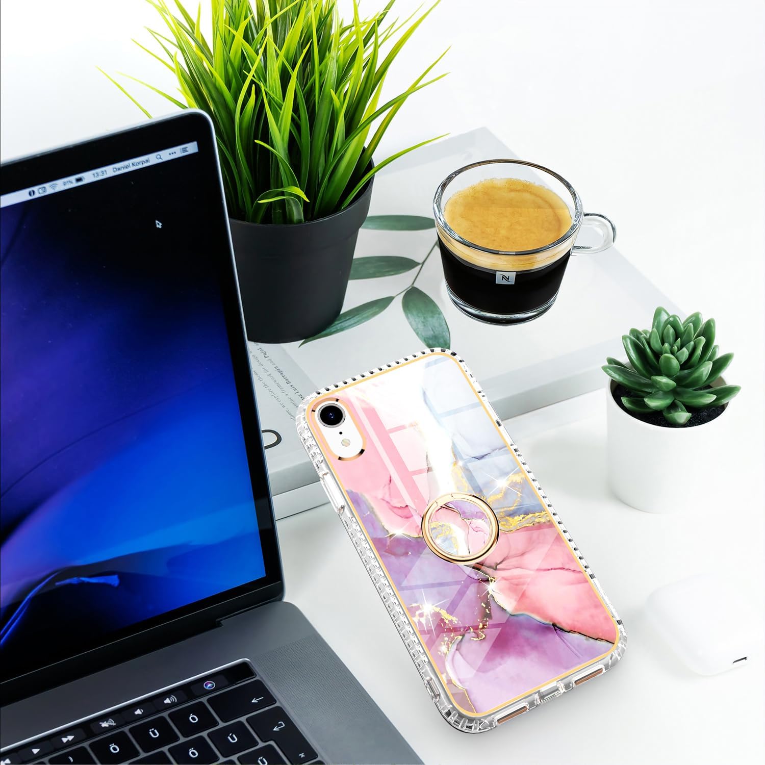 Asuwish Funda de teléfono para iPhone XR 6.1 con protector de pantalla y soporte de anillo de mármol, a prueba de golpes, TPU silicona, resistente