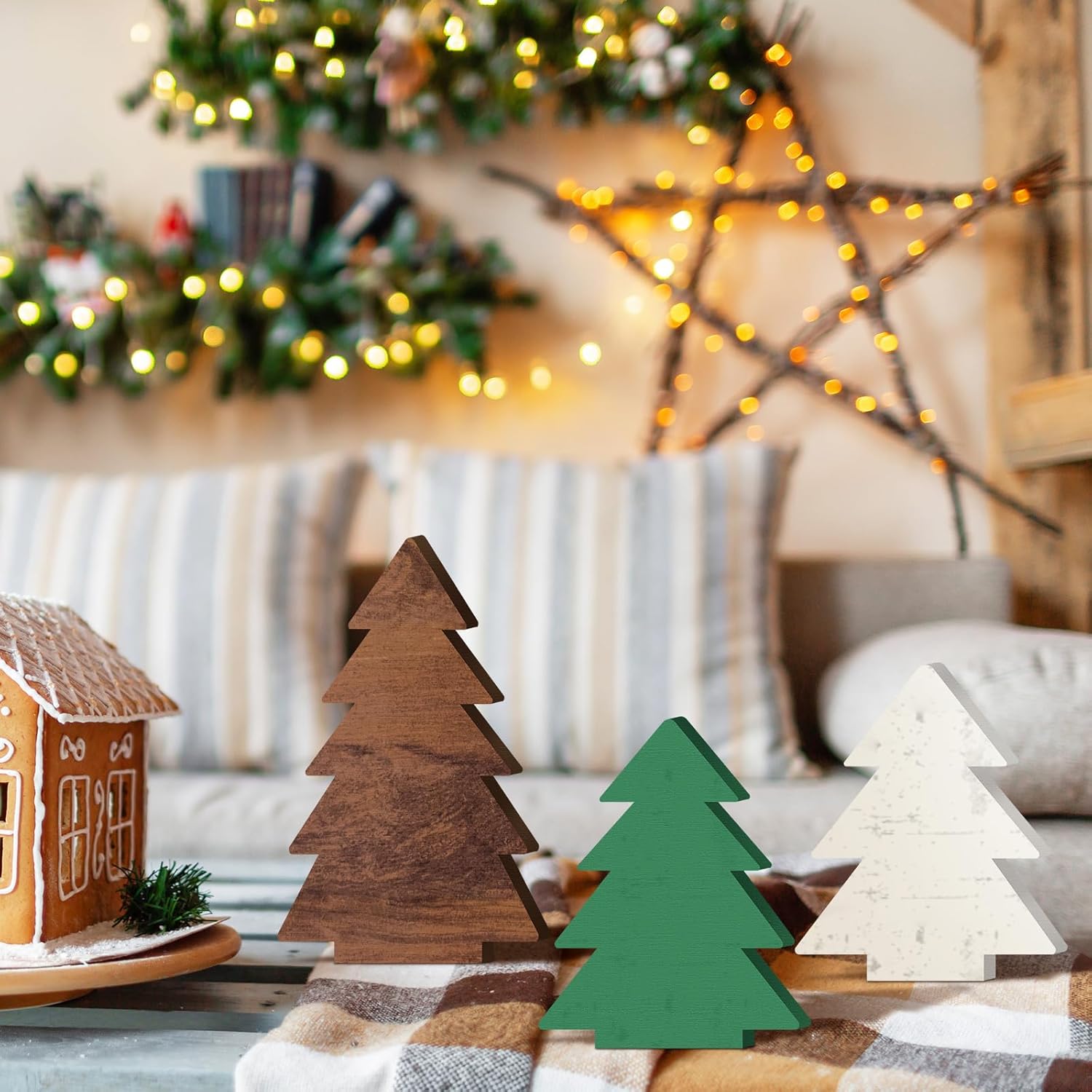 5 piezas de decoración de mesa de Navidad, árbol de Navidad, centro de mesa de Navidad, caja de regalo retro marrón, verde, blanco, bandeja de