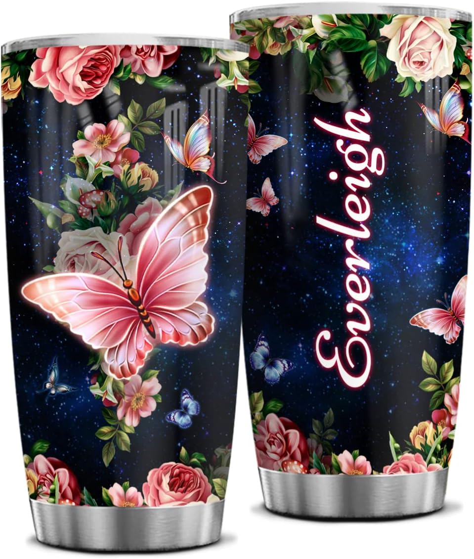 WASSMIN Vaso de mariposa personalizado con diseño de mariposas, regalos para mujeres, niñas, adolescentes, vasos aislados de acero inoxidable, taza