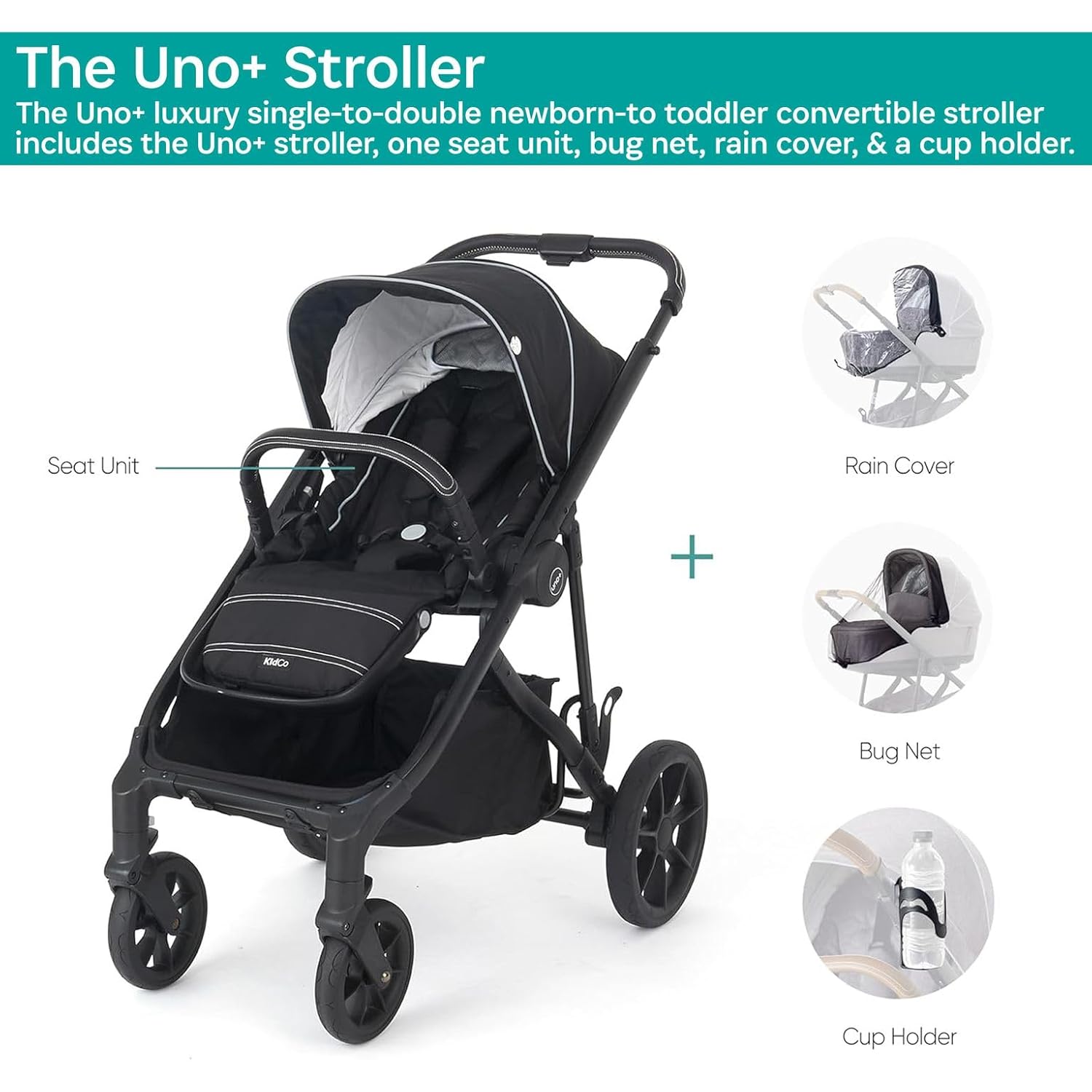 KidCo Uno+ – Cochecito convertible de lujo individual a doble para recién nacidos a niños pequeños, portátil y plegable, color negro Allegra