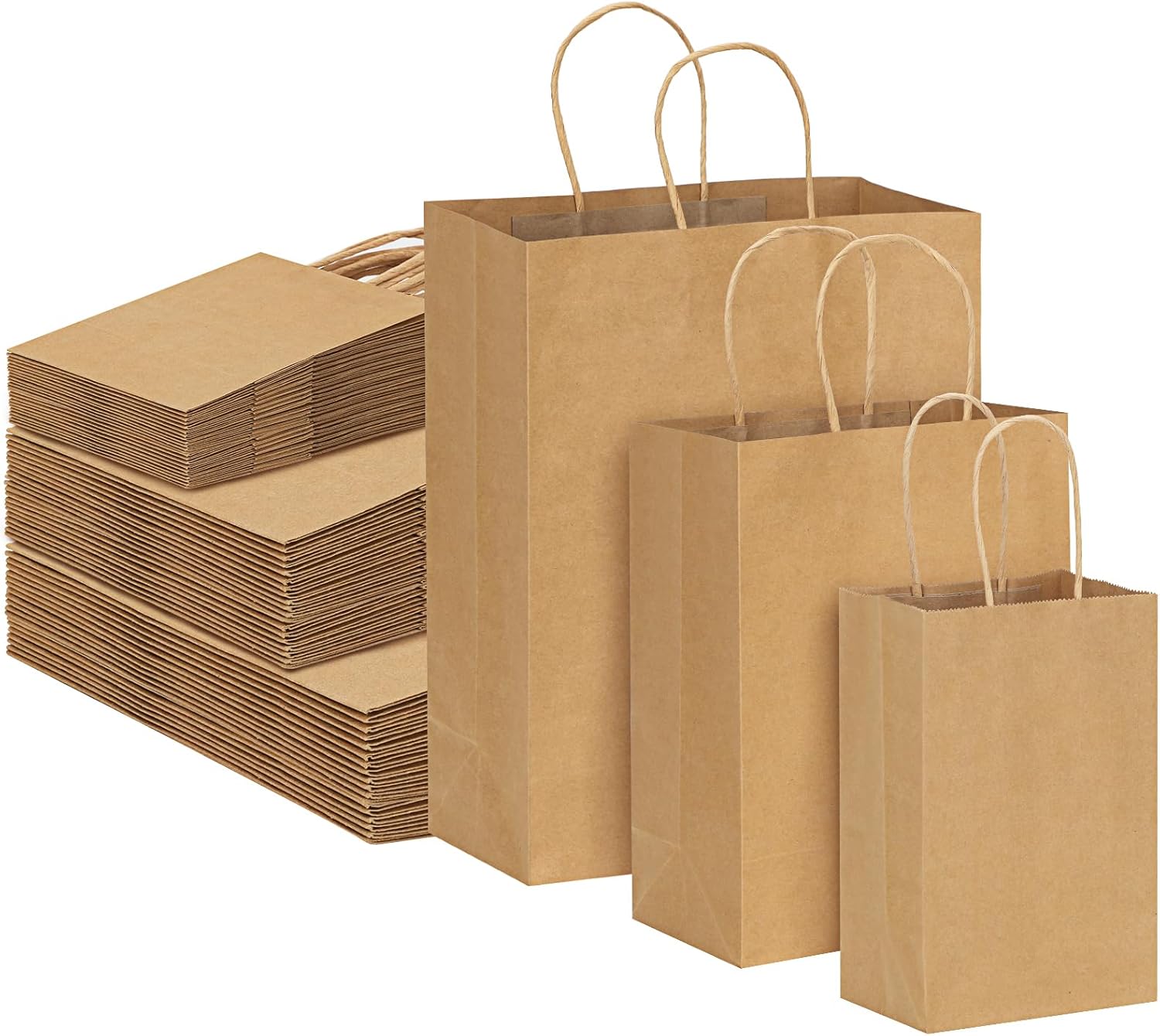 Moretoes 150 bolsas de papel con asas de varios tamaños, bolsas de regalo de papel kraft a granel, bolsas de papel marrón para pequeñas empresas,