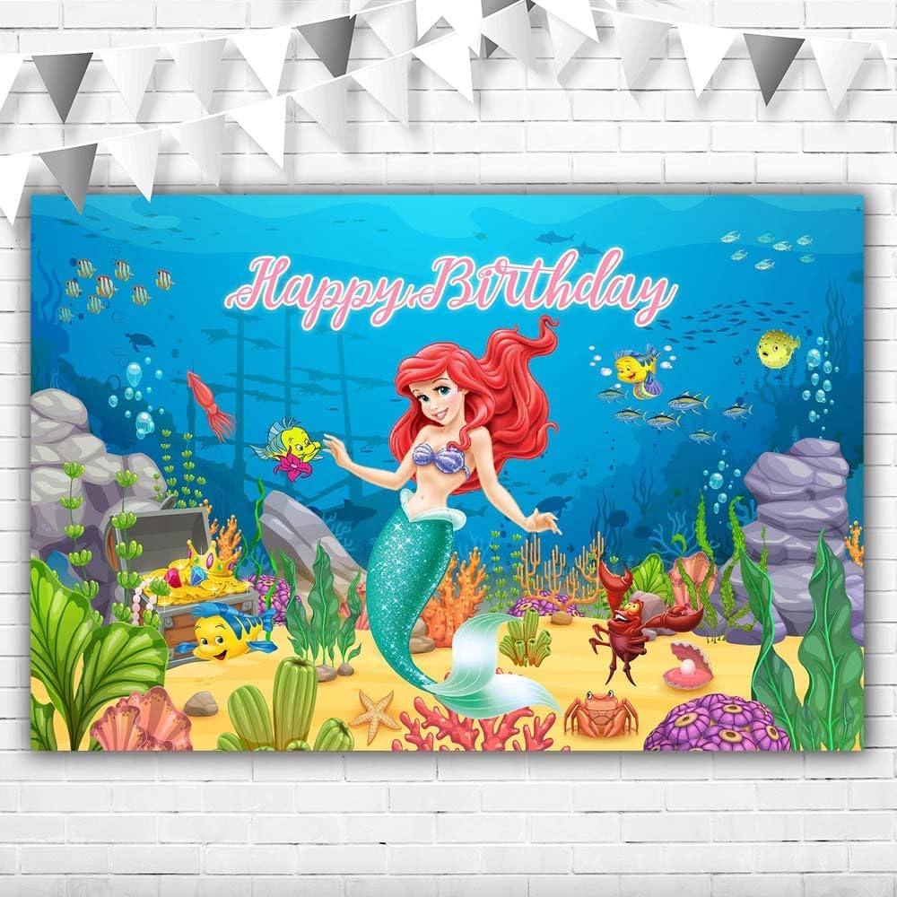 Fondo de vinilo con texto en inglés “Under The Sea Little Sirenita” de 5 x 3 pies, fondo de vinilo blanco de Ariel de sirena para niñas, suministros