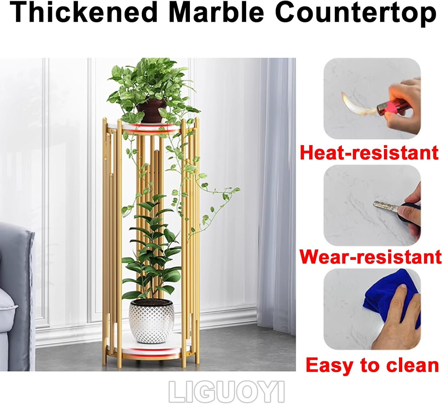 Soporte para macetas para plantas al aire libre, estante de metal de 2 niveles, superficie de mármol, soporte de esquina para plantas de flores,