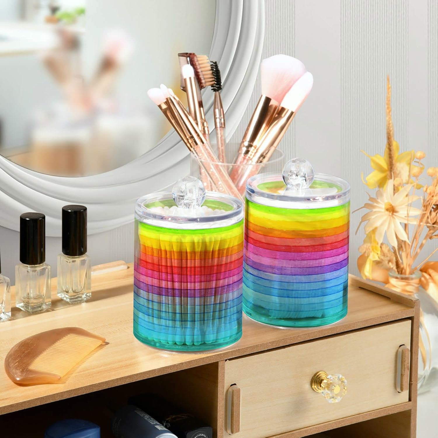 Paquete de 4 soportes dispensadores de arco iris a rayas para baño, organizadores de tocador de baño de plástico transparente con tapas para bola de