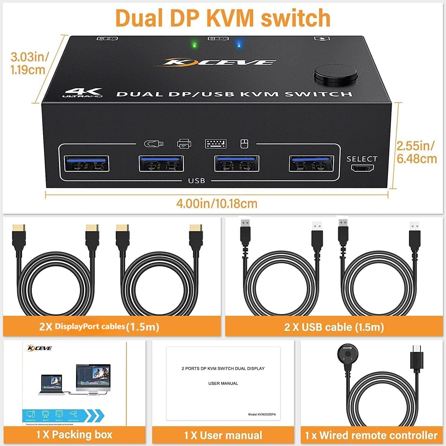 Displayport KVM Switch 2 Monitores 2 Computadoras, 8K 60Hz 4K 120Hz DP USB 3.0 KVM Switch para 2 computadoras Comparte 1 monitor y 4 puertos USB