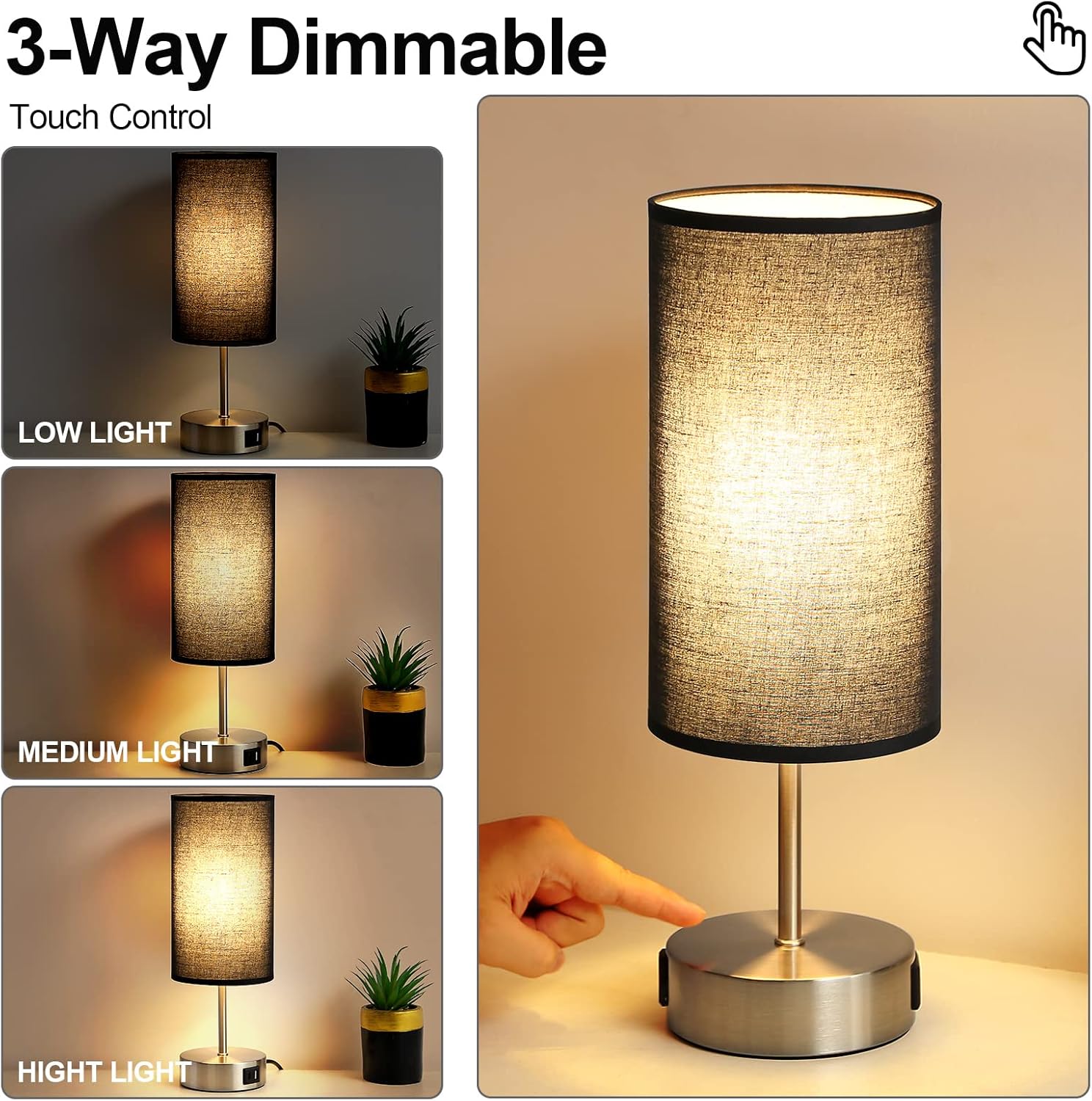 Yarra-Decor Lámpara de noche mejorada con puertos de carga USB A+C y salida de CA, lámpara de mesa de control táctil para dormitorio, lámpara de