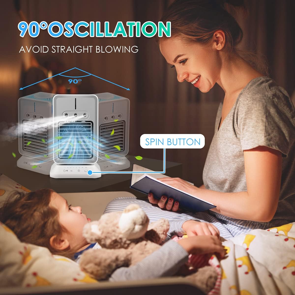 Aire acondicionado portátil, ventilador de atomización recargable de 2000 mAh (temporizador 2-4 H), aire acondicionado de brisa fría con oscilación