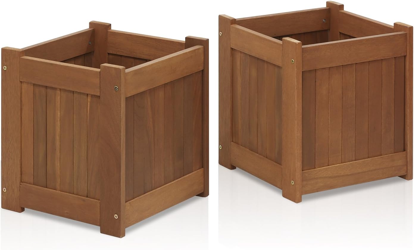 Furinno 2-FG16450 Tioman – Maceta de flores de madera dura, dos unidades, color natural