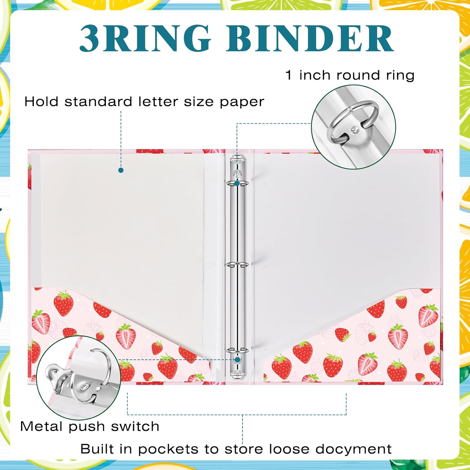 Fainne 4 Pcs Mini Binders 3 Ring Binder 1 Inch 5.5 x 8.5 Inch Cute Fruit Binders Mini Decorative Binders Bulk for School Office Classroom Supplies