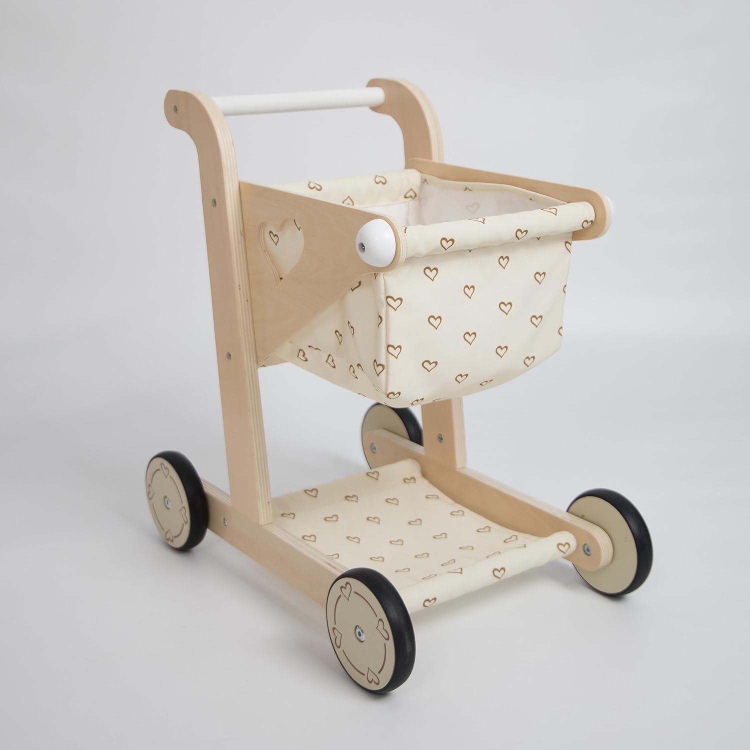 Hopscotch Squad Carrito de compras de madera para bebé, cochecito de muñeca para niños pequeños, caminante de aprendizaje educativo, carro de juego