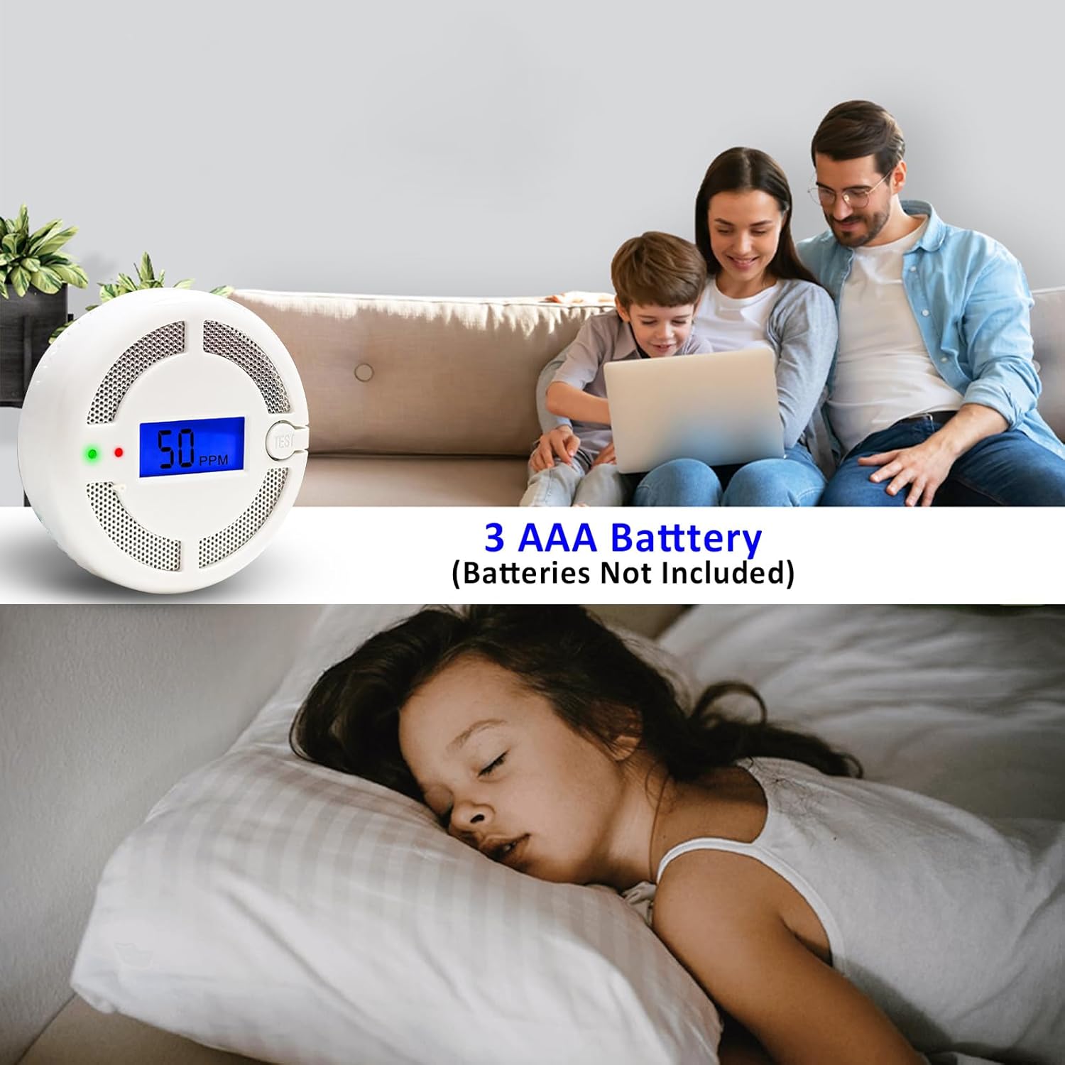 Mini detector de monóxido de carbono, detector de alarma de monitor de CO cumple con UL 2034, detector de sensor de CO portátil alimentado por