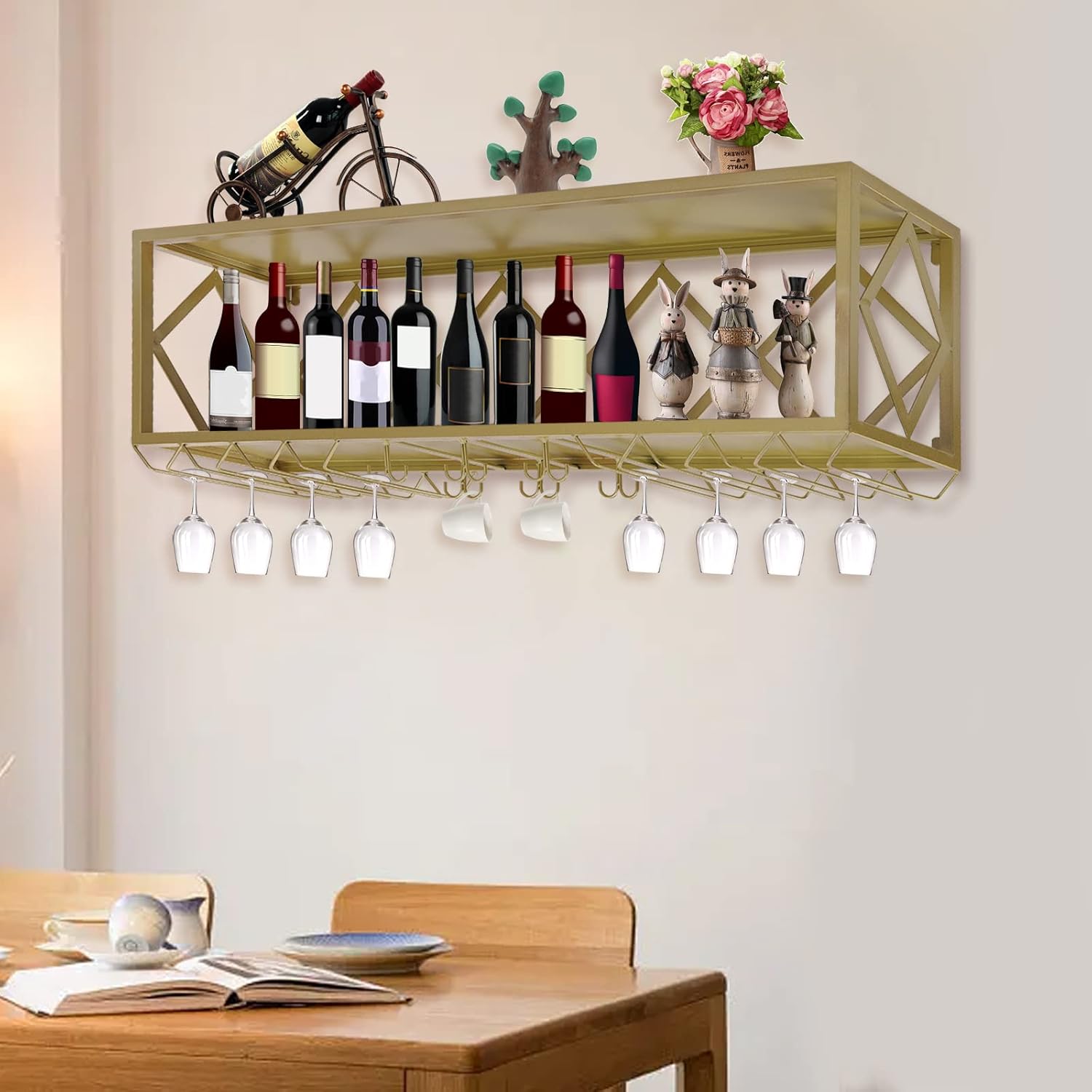 Estantes de vino montados en la pared, estantes flotantes para copas de vino invertidas, soporte multifuncional para botellas de hierro, estante