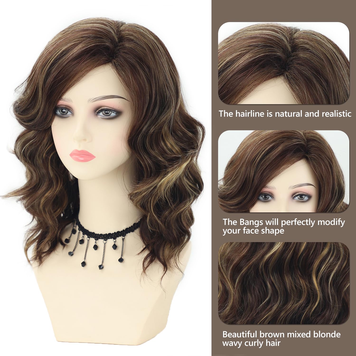 SEVENCOLORS Pelucas rizadas de longitud media con reflejos, pelucas cortas de color castaño mezclado con rubio, pelucas de cabello sintético