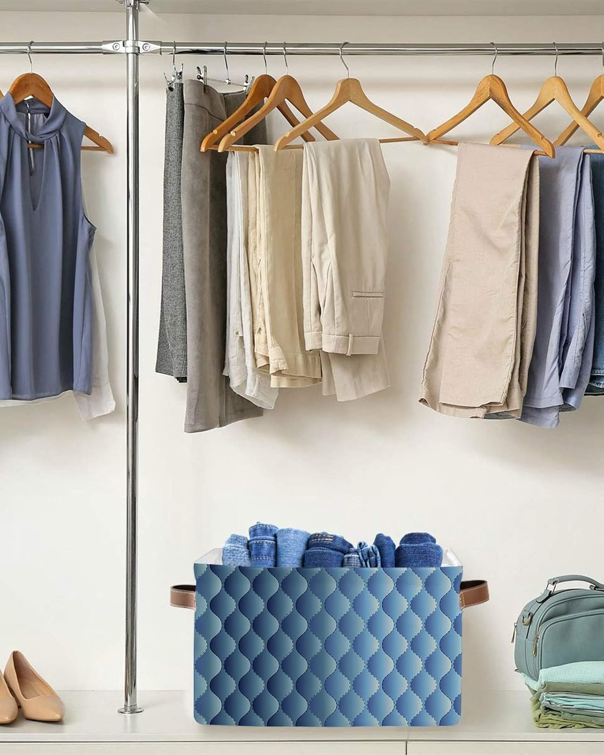 Gradient Blue Large Storage Baskets Bins Modern Geometric Minimalist Fish Scale Lattice Collapsible Storage Box Laundry Organizer for Closet Shelf