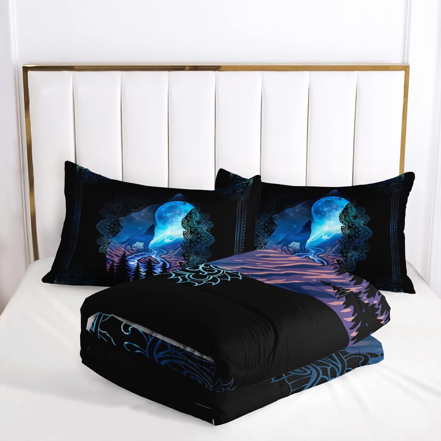 AILONEN Juego de edredón de lobo, tamaño Queen, juego de edredón bohemio de lobo aullando de lobo, juego de ropa de cama para niños y niñas de 3