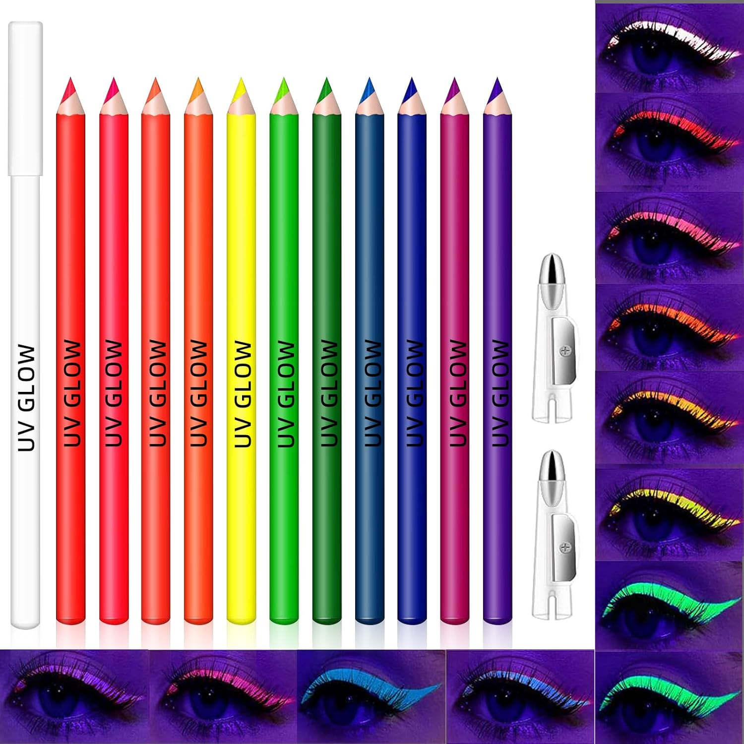 HOSAILY Juego de delineador de ojos de 12 colores con brillo UV, delineador de ojos neón de color crema mate, impermeable, de larga duración,