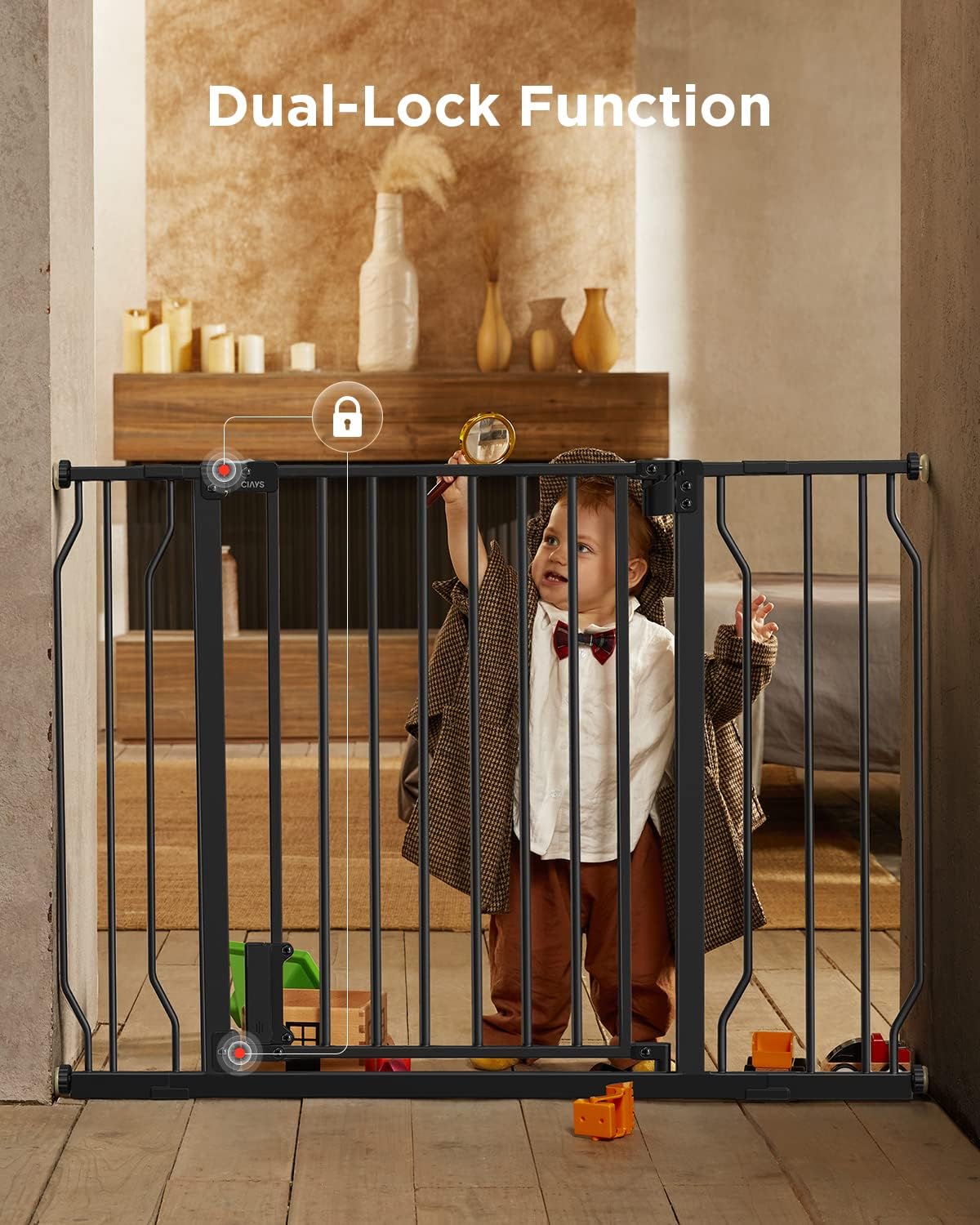Puerta de bebé de 29.5 a 45.3 pulgadas para escaleras, puertas y casa, puerta de seguridad extra ancha de cierre automático para mascotas con alarma
