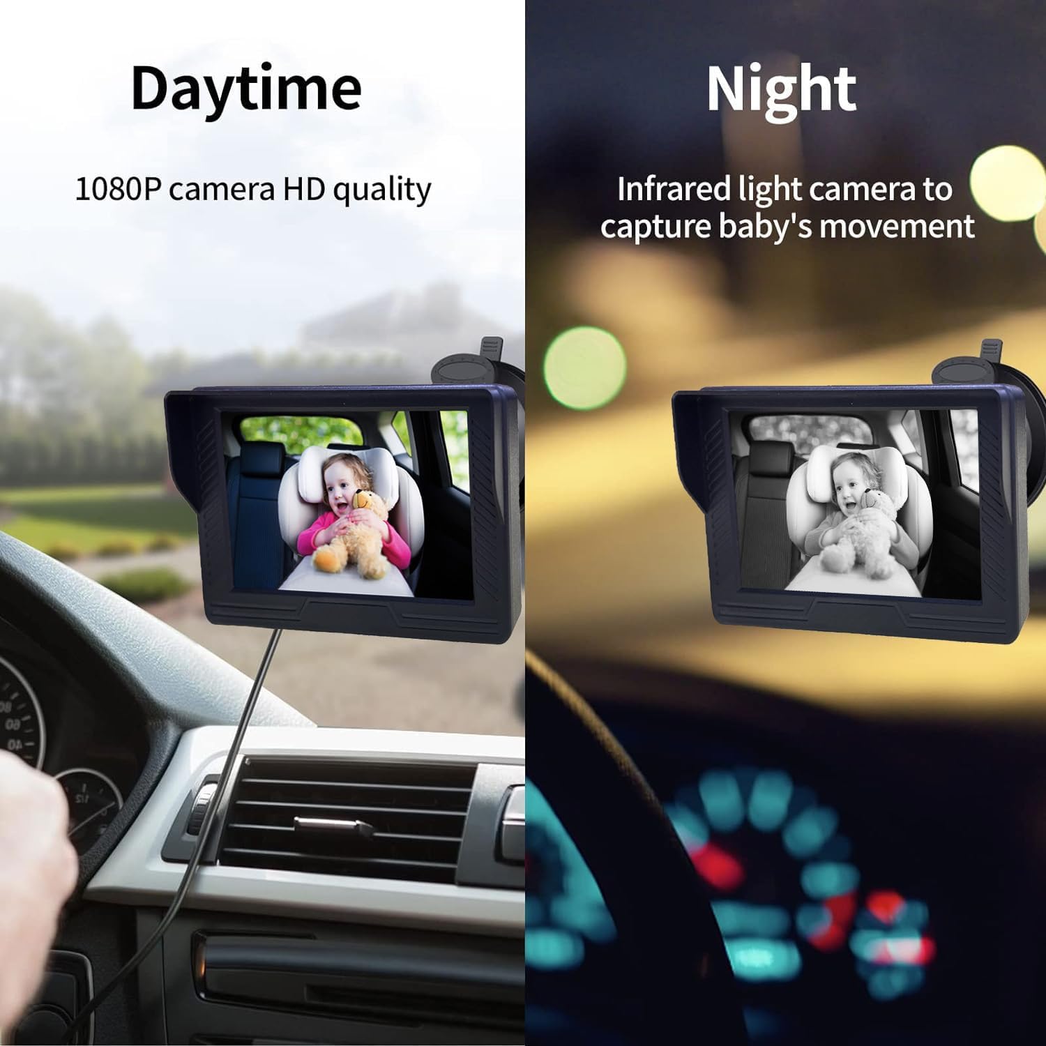 B-Qtech Monitor de cámara de coche para bebé, visión nocturna, HD 1080P, fácil de instalar, rotación de 360, cámaras de bebé para el asiento