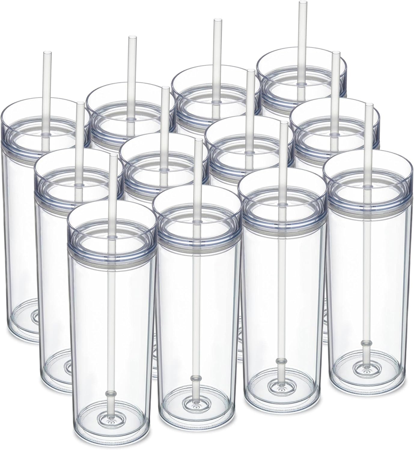 MEWAY Vasos delgados de 20 onzas, paquete de 12 vasos acrílicos de doble pared con tapa y popote, vasos de plástico reutilizables de color