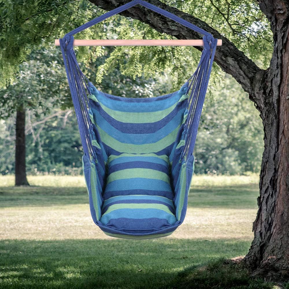 Silla de hamaca colgante de cuerda para columpio, suave y duradera, lona de algodón, 2 cojines incluidos, silla colgante para patio, dormitorio,