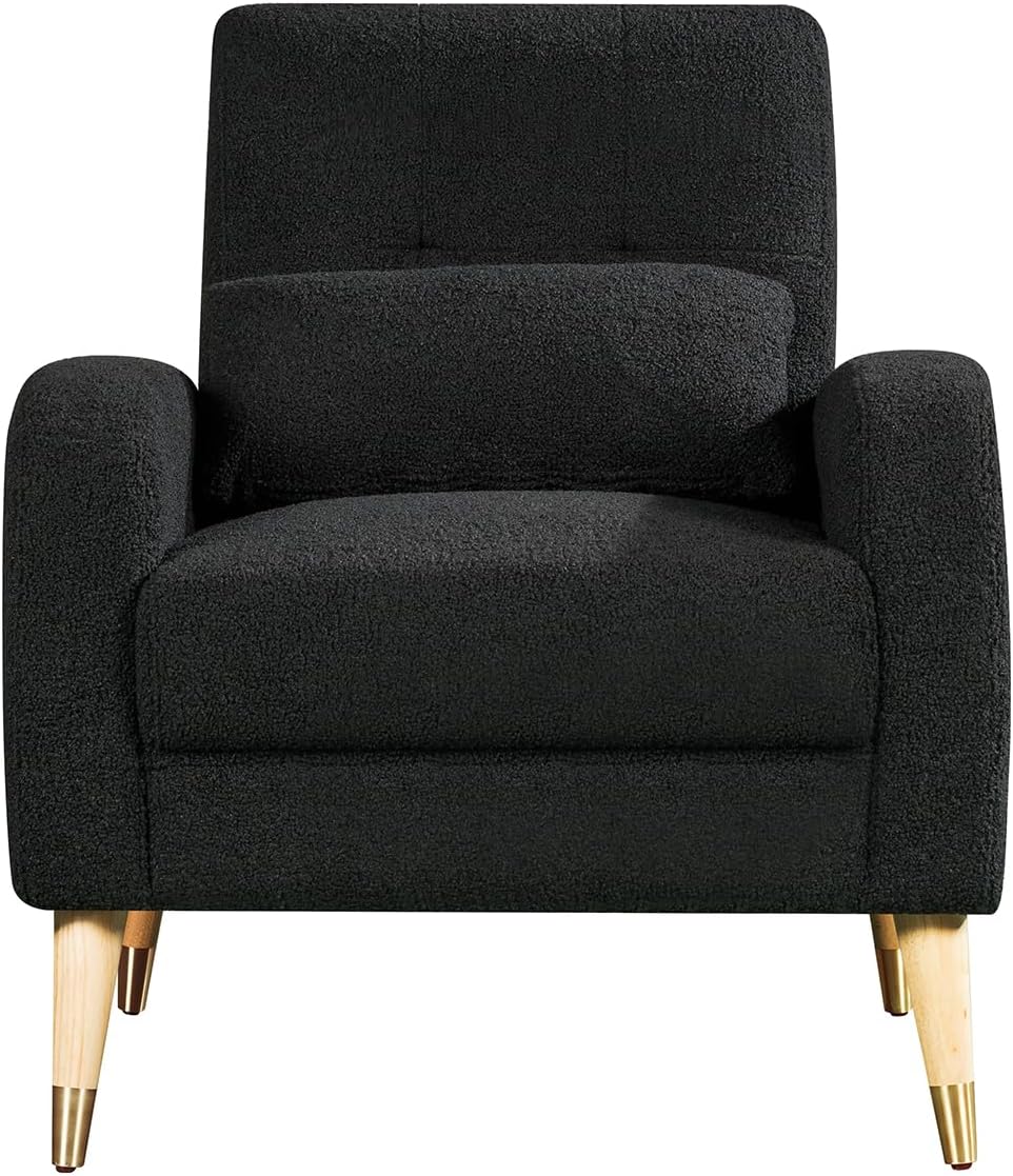 Hommoo Silla decorativa moderna de mediados de siglo, cómoda silla de sofá de tela Boucle, silla auxiliar color crema con patas de madera, silla de