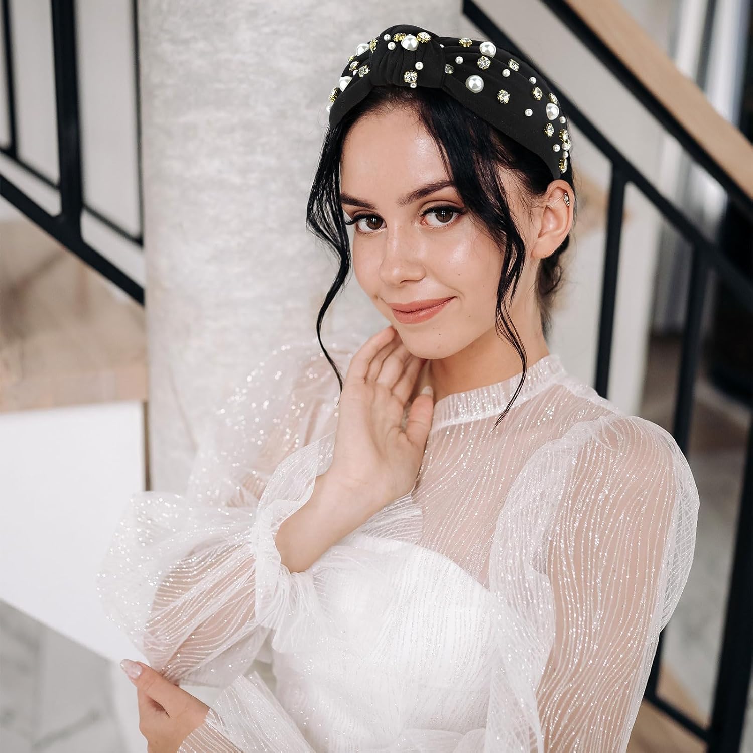 YISSION 1 diadema anudada con perlas de cristal para mujer, diadema antideslizante con diamantes de imitación, diadema ancha de perlas para mujeres,