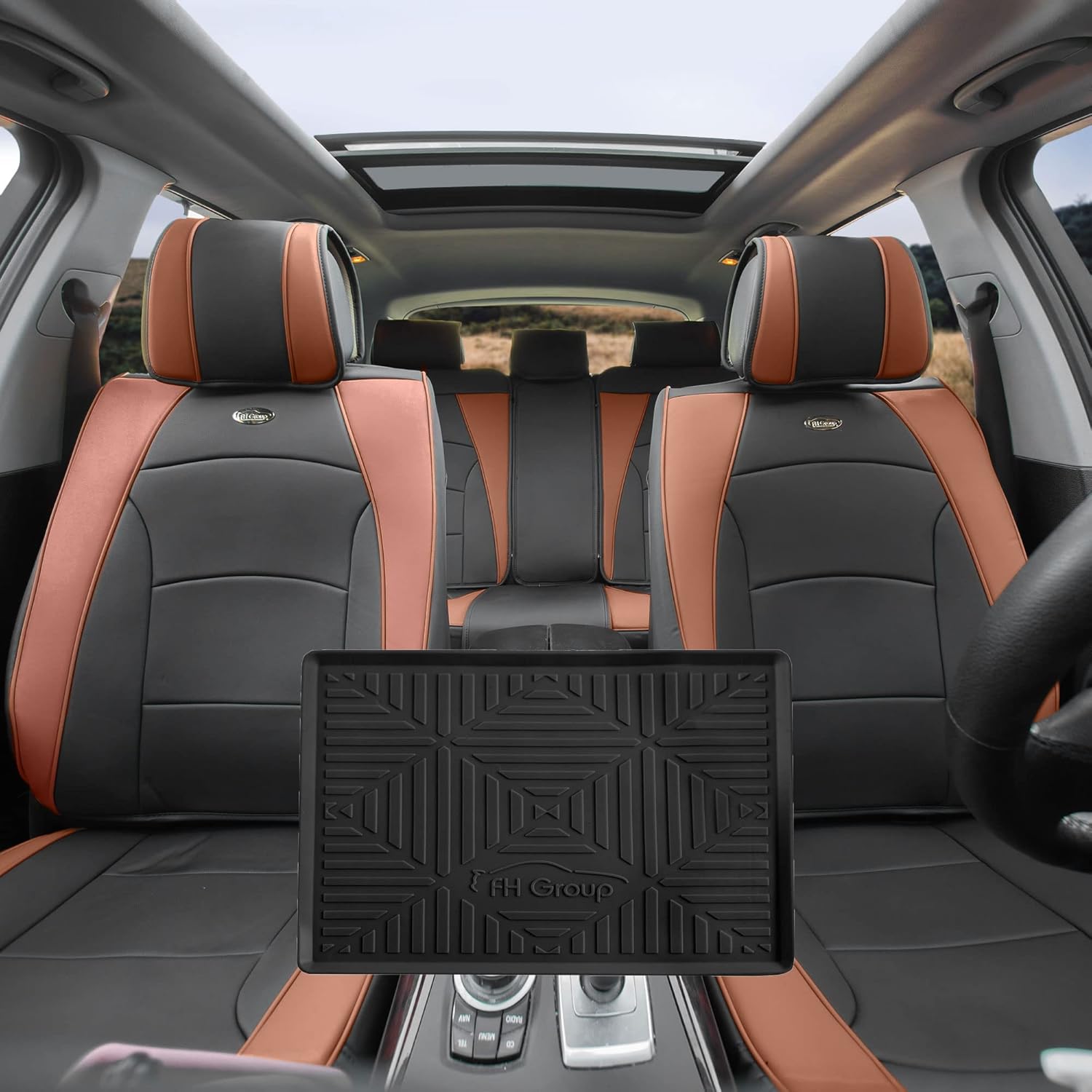 FH Group Juego completo de fundas de asiento para automóvil, camiones, SUV, (marrón) de cuero sintético de lujo, cojín impermeable para asiento de
