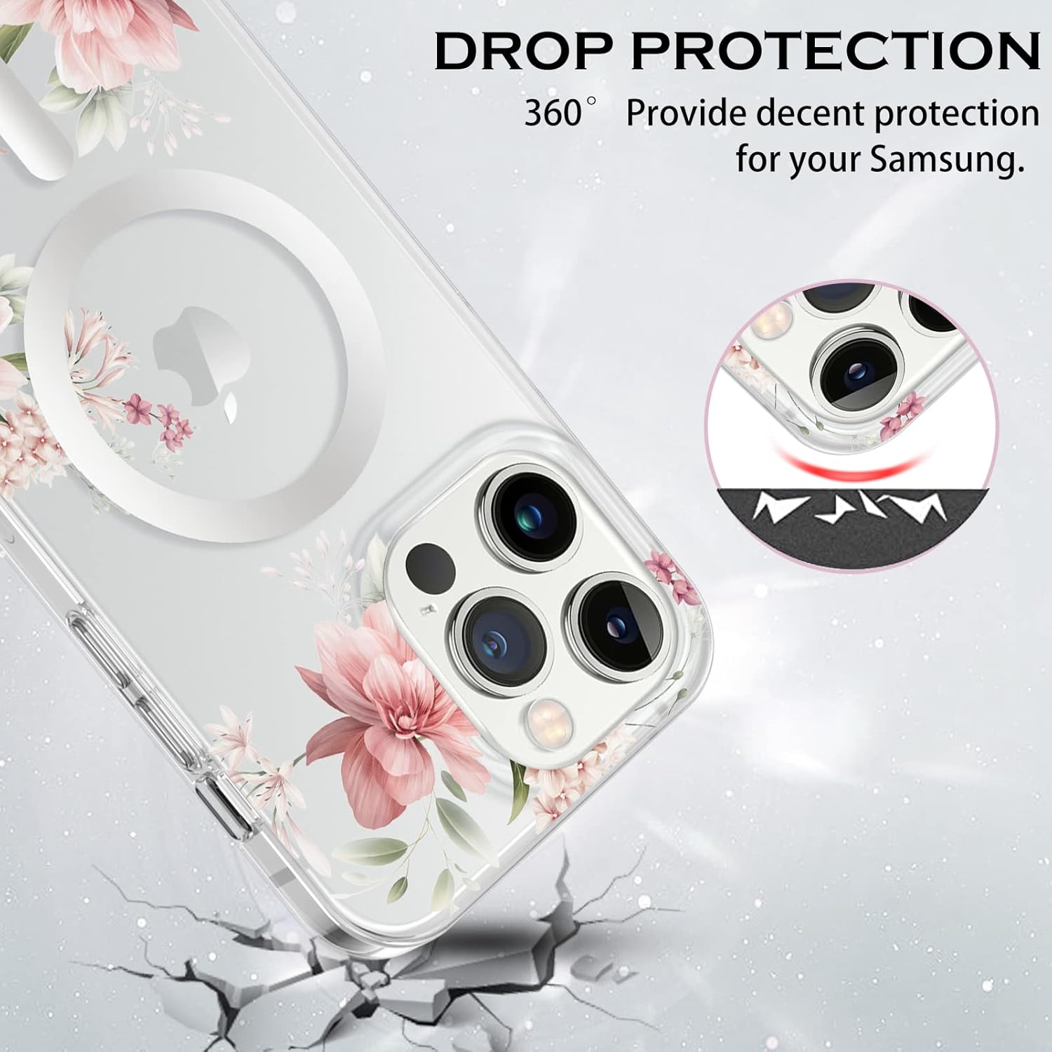 YINLAI Funda para iPhone 14 Pro Max de 6.7 pulgadas, magnética compatible con MagSafe transparente, transparente, patrón floral de flores rosas para