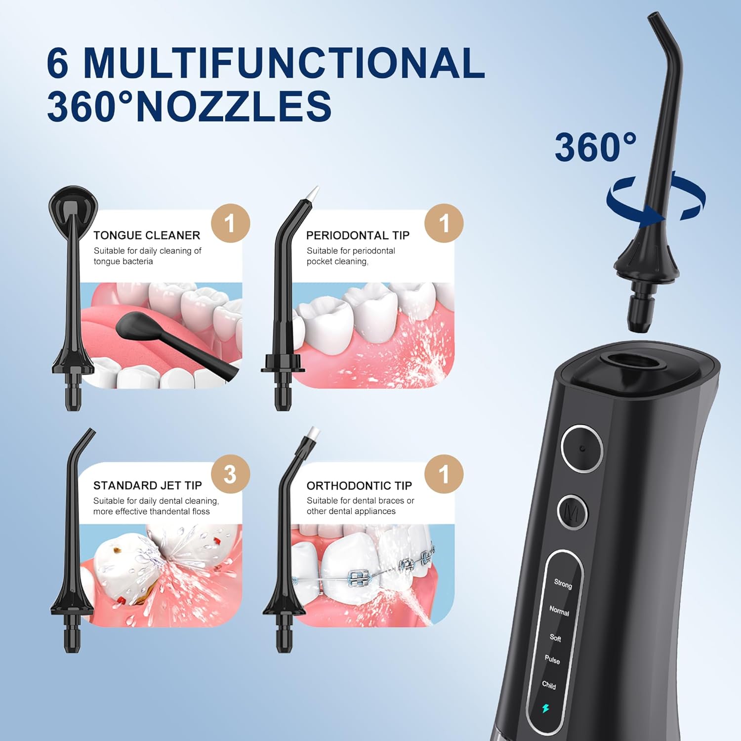 Irrigador dental de agua inalámbrico MOCEL 5 modos de irrigador oral 300ML portátil y USB C cable recargable IPX7 impermeable hilo dental limpiador