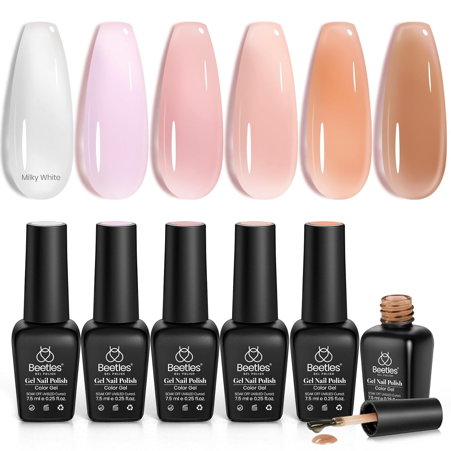 beetles Gel Polish Juego de esmaltes de uñas de gel de 6 colores, regalo de San Valentín, blanco lechoso, rosa, nude, marrón, transparente, UV, gel