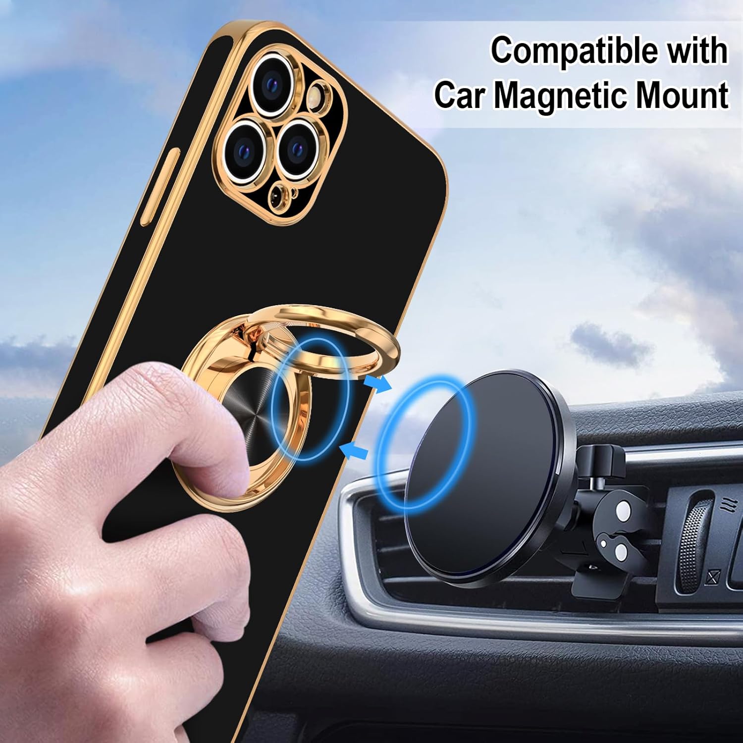 Hython Funda para iPhone 12 Pro con soporte de anillo soporte de anillo giratorio de 360 con soporte magnético chapado de lujo en oro rosa suave TPU