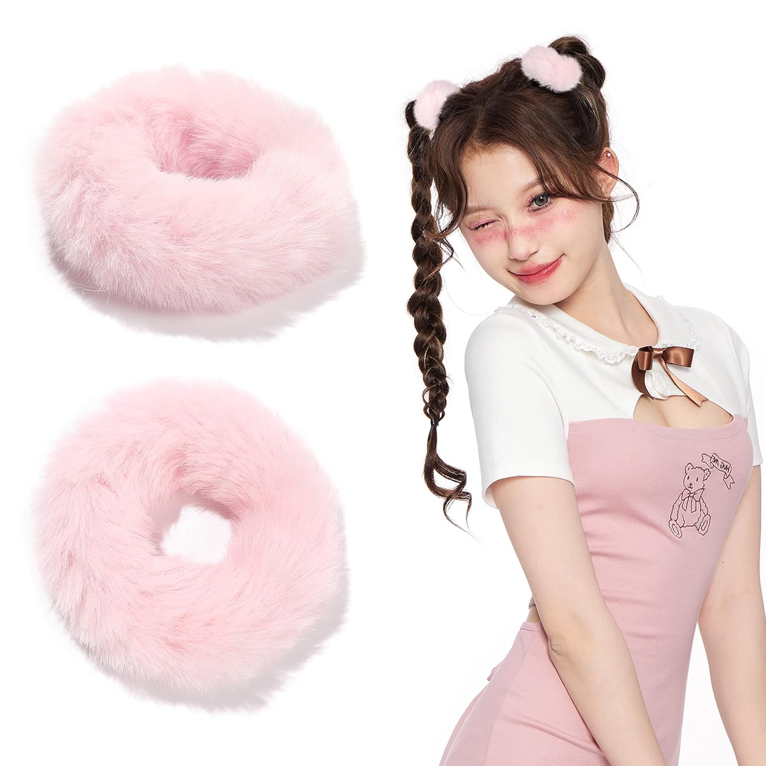 Coleteros peludos de color rosa para Halloween, Navidad, accesorios para el cabello, lazos para el pelo peludo para niñas, lindo kawaii de piel