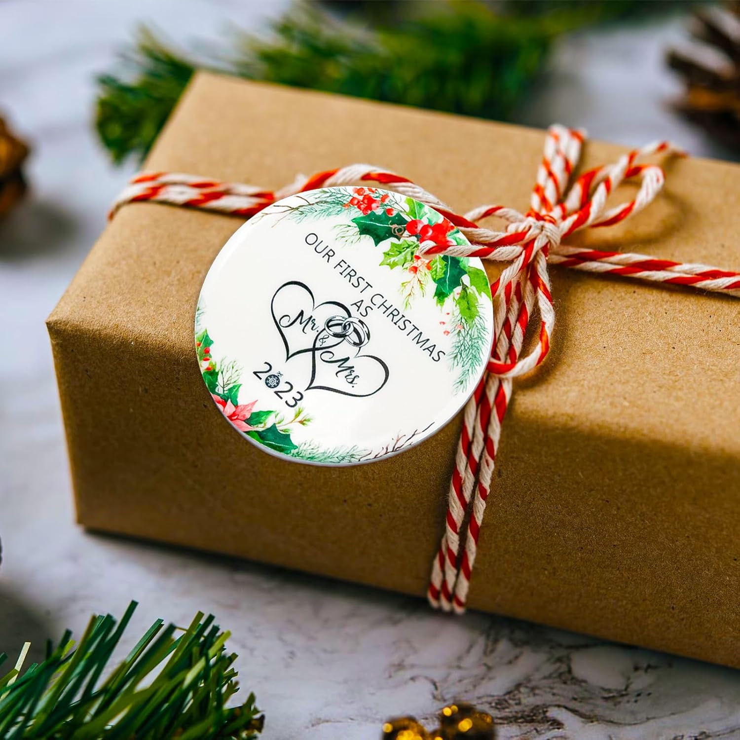 Adorno de Navidad para casados 2023, adornos de Navidad juntos con impresión de doble cara, recuerdo de cerámica, regalos de boda de recién casados
