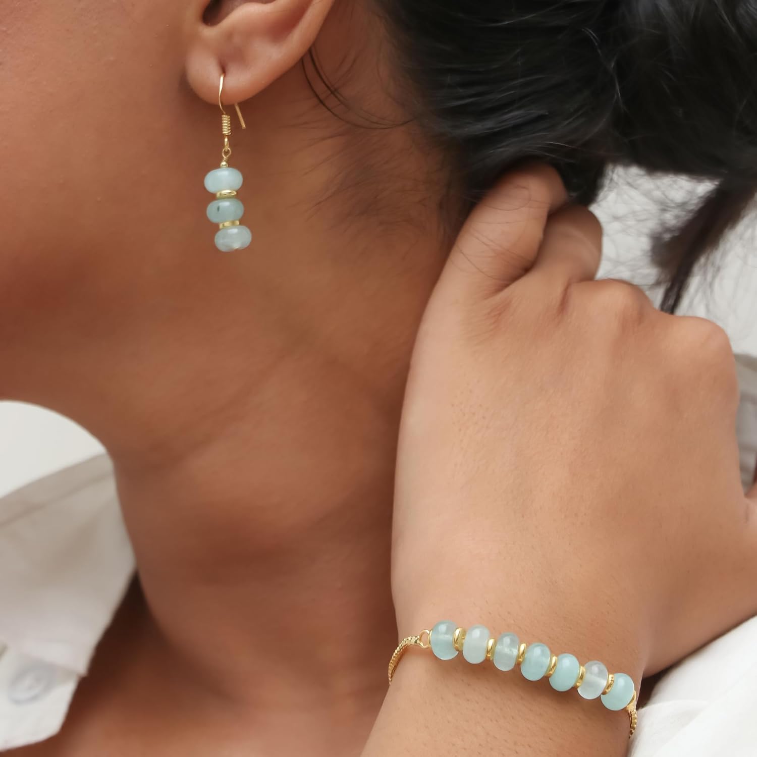 Gempires Mother’s Day Gift Natural Aqua Chalcedony in 14k Yellow Gold Plated Drop Dangle Earring For Women – Healing Gemstone Jewelry for Women