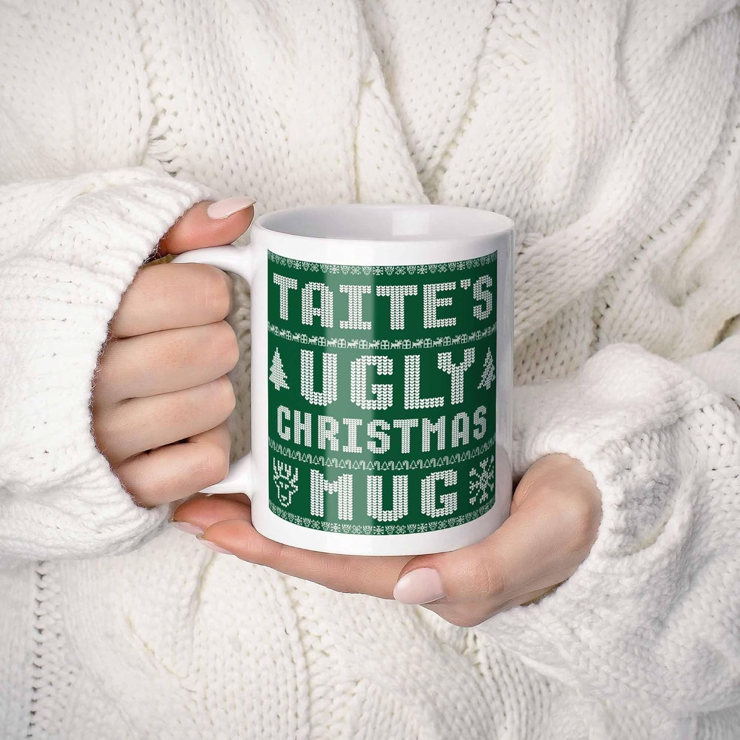Taite Name Christmas Gift. Personalized Ugly Christmas Sweater Coffee Mug. Funny Custom Xmas Gift, Stocking Stuffer For Friends, Coworkers And